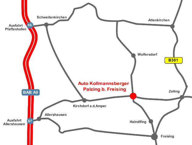 Anfahrtskizze: Auto Kollmannsberger in Palzing bei Freising an der BAB A9 zwischen den Ausfahrten 66 und 67, nahe der B301.